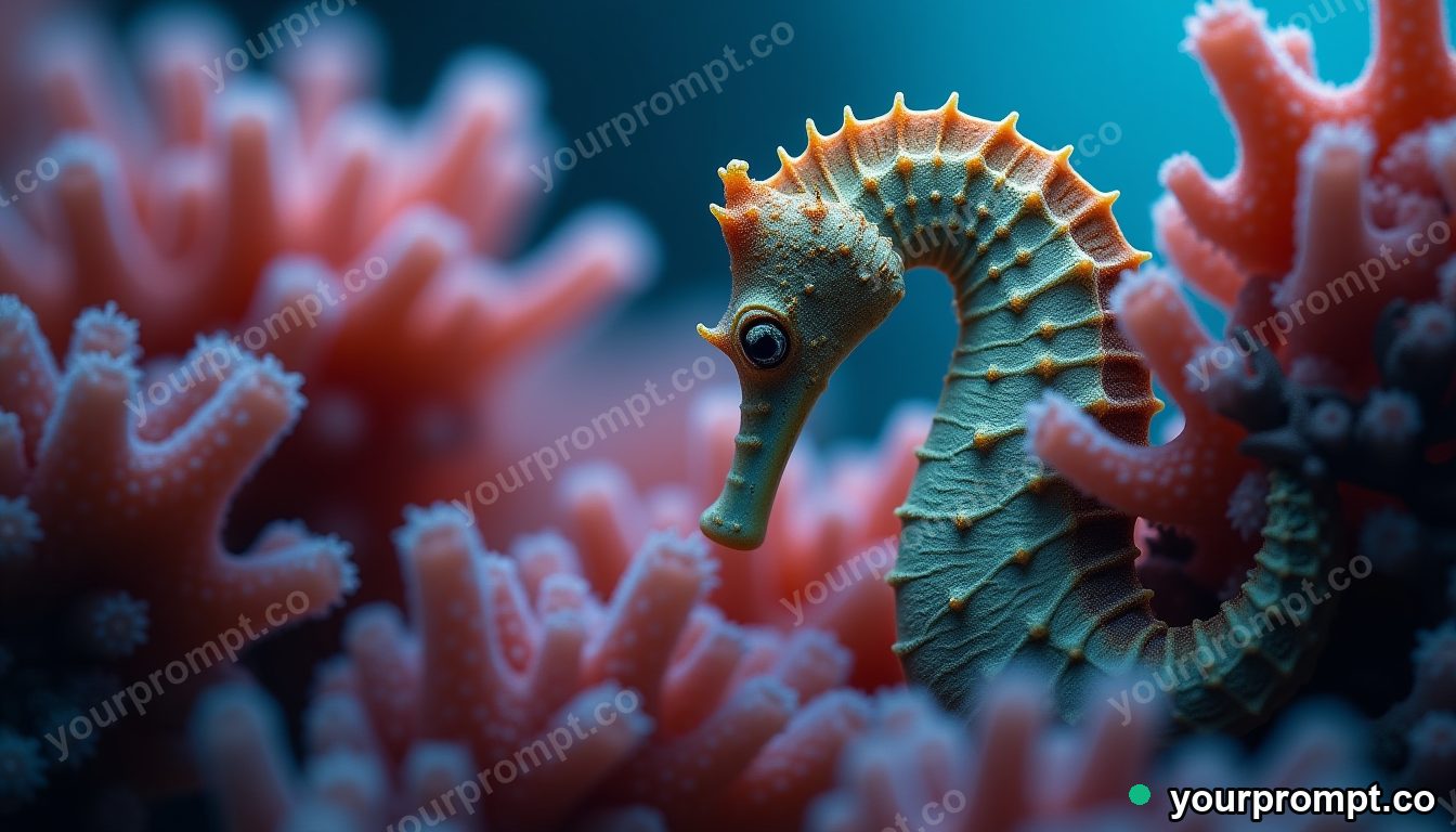 A seahorse clinging to coral, macro detail in photorealistic style — AI-generated image from a text prompt
