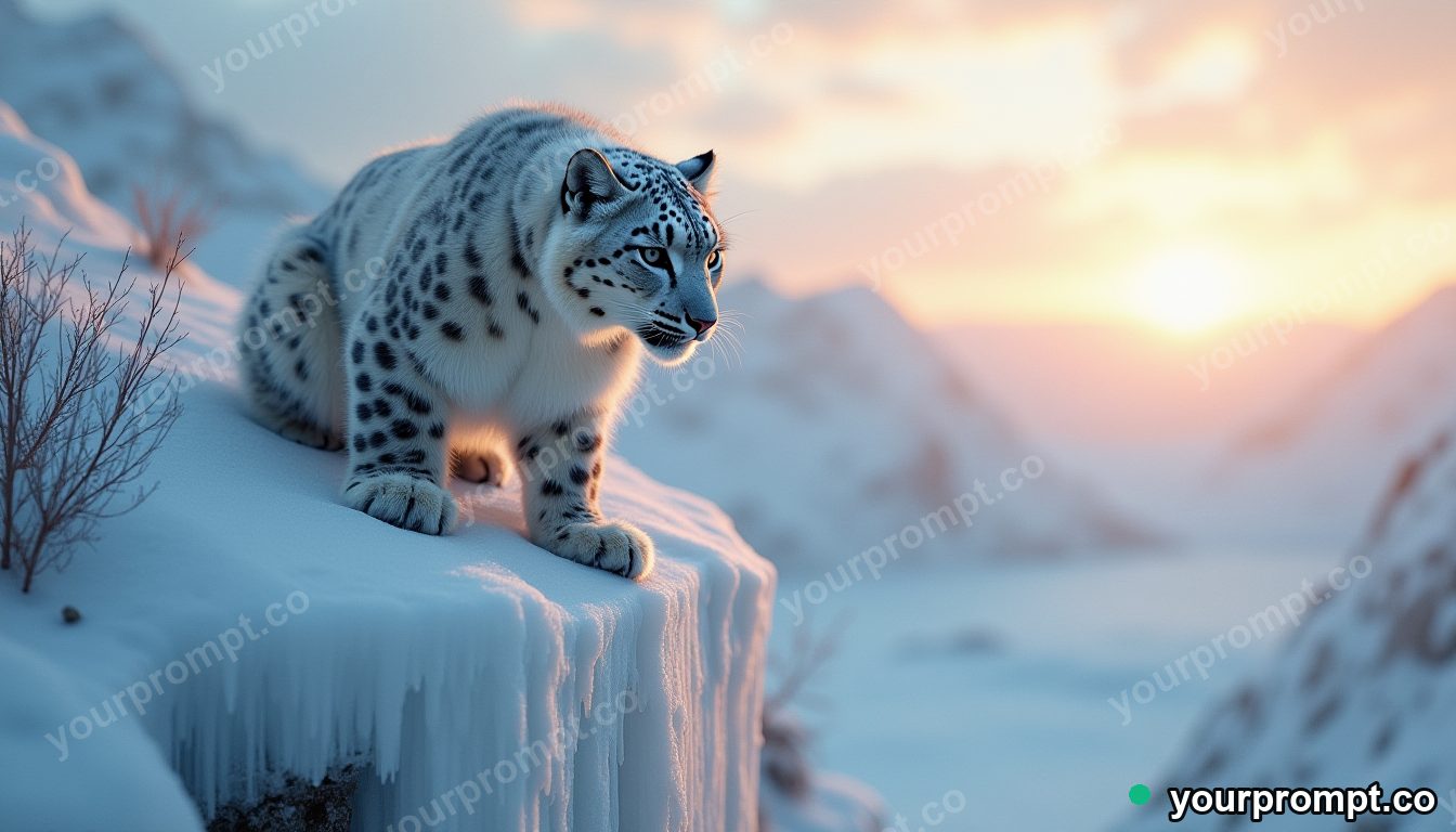 A snow leopard on a frozen cliff at dawn in cinematic film still style — AI-generated image from a text prompt