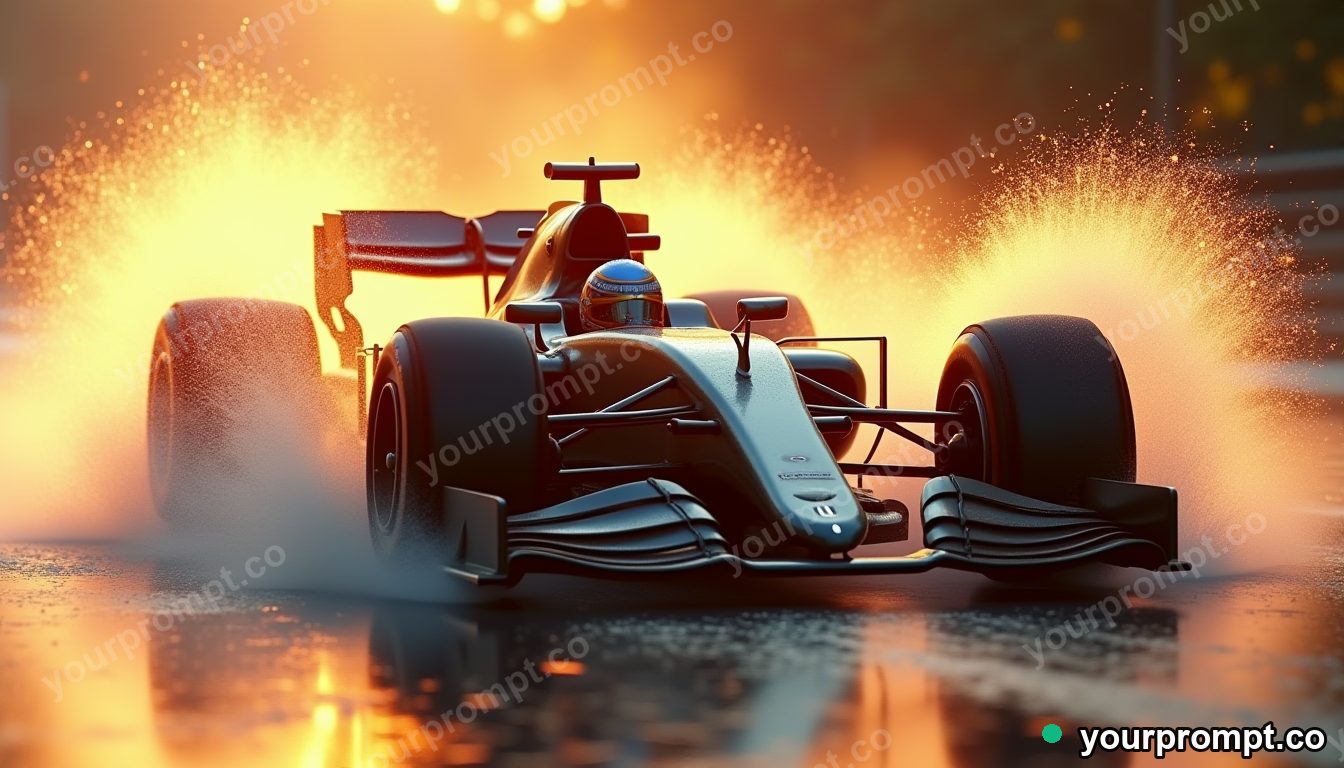 A Formula car blasting through a rainy corner with spray in 3D octane render style — AI-generated image from a text prompt