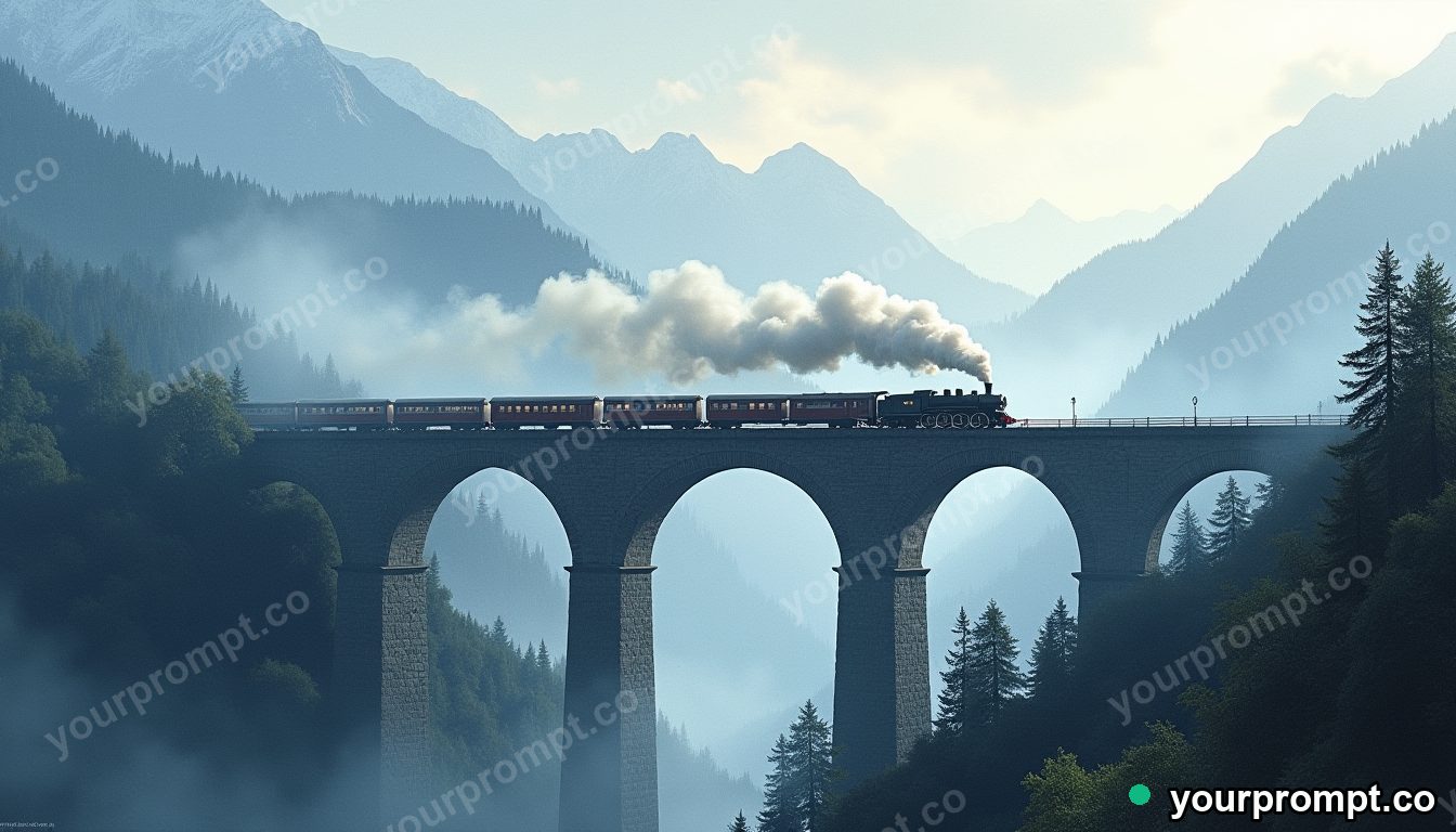 A steam locomotive crossing a stone viaduct in the mountains in soft watercolor painting style — AI-generated image from a text prompt
