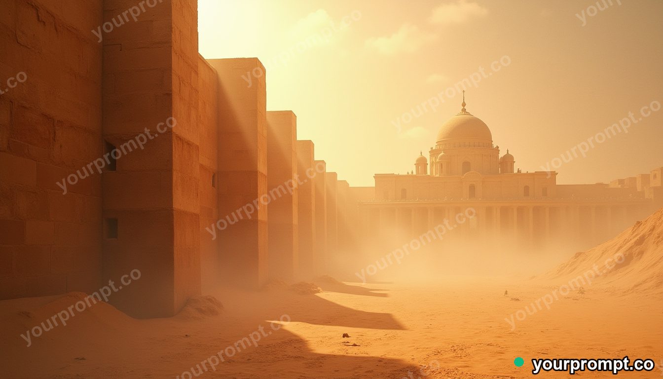A sandstorm wall rolling toward an ancient city in rich oil painting style — AI-generated image from a text prompt