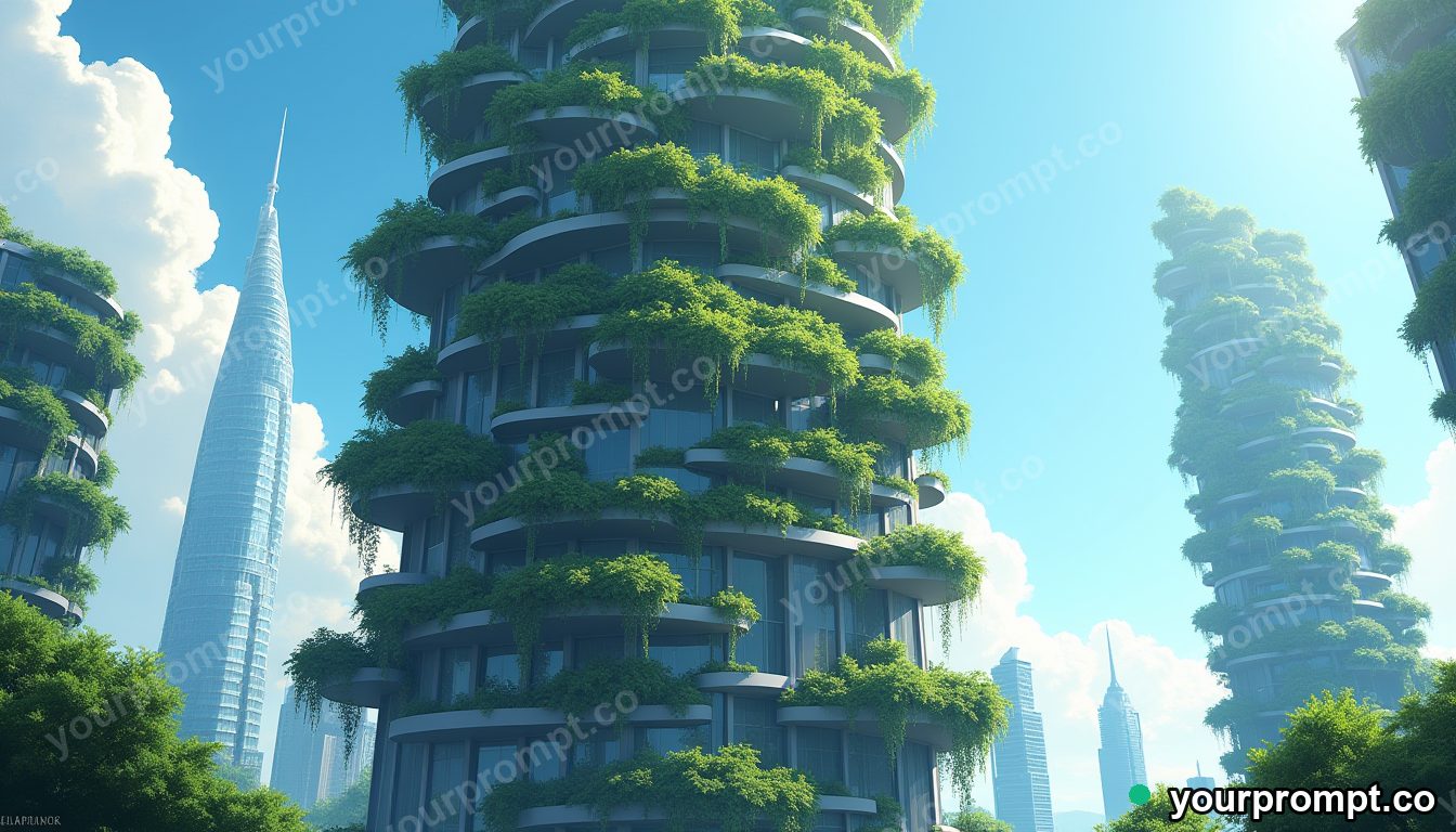 A futuristic eco-skyscraper draped in hanging gardens in anime illustration style — AI-generated image from a text prompt