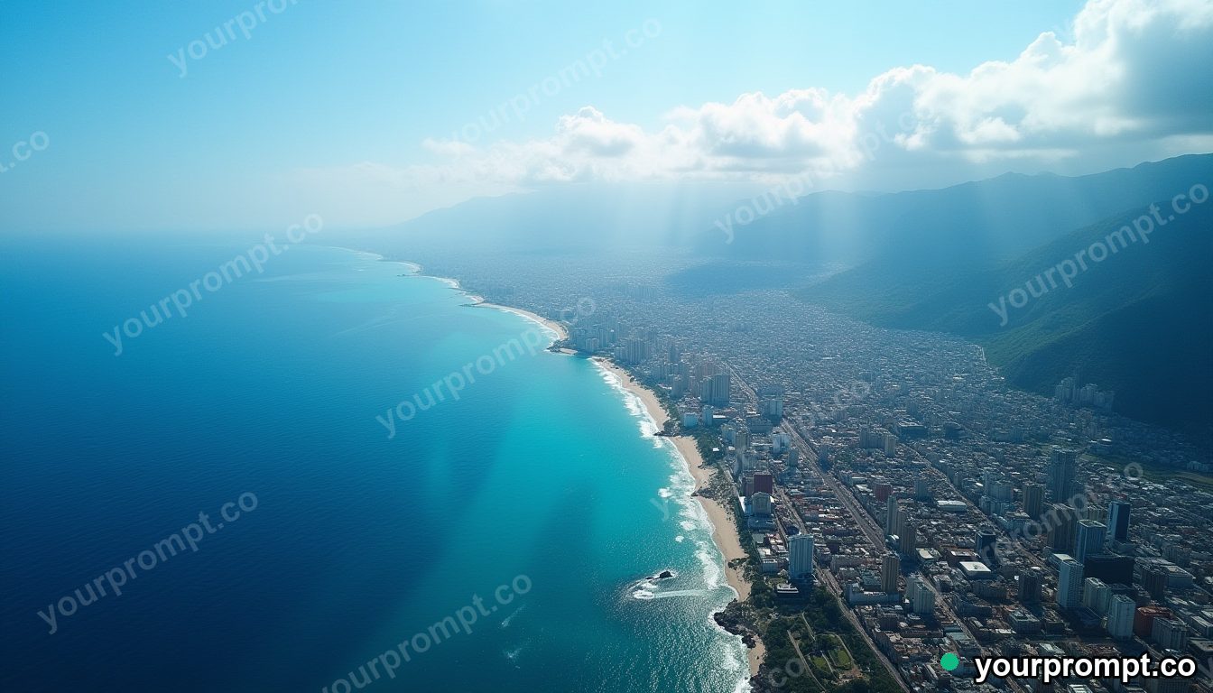 An aerial view of a coastal city meeting a deep blue sea in studio product photography style — AI-generated image from a text prompt