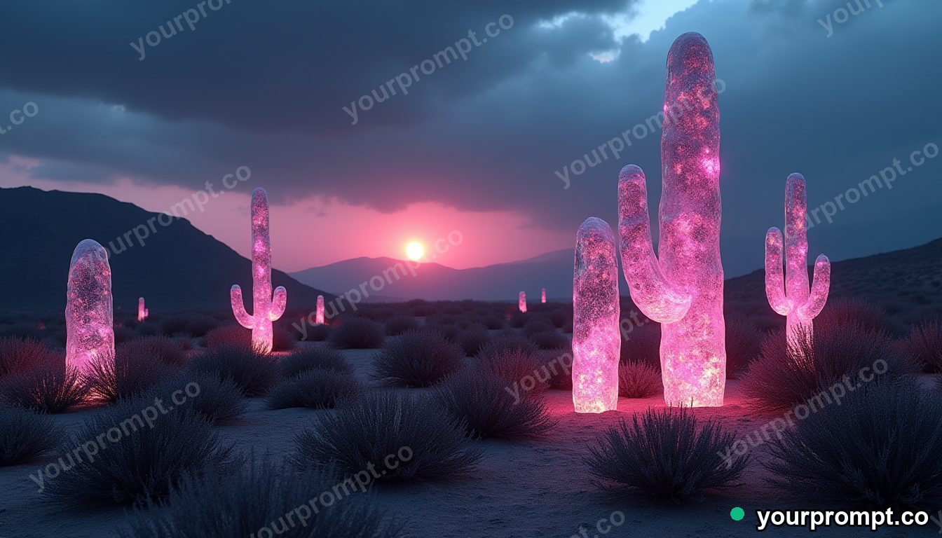 A desert with crystal cacti glowing at dusk in surreal digital art style — AI-generated image from a text prompt