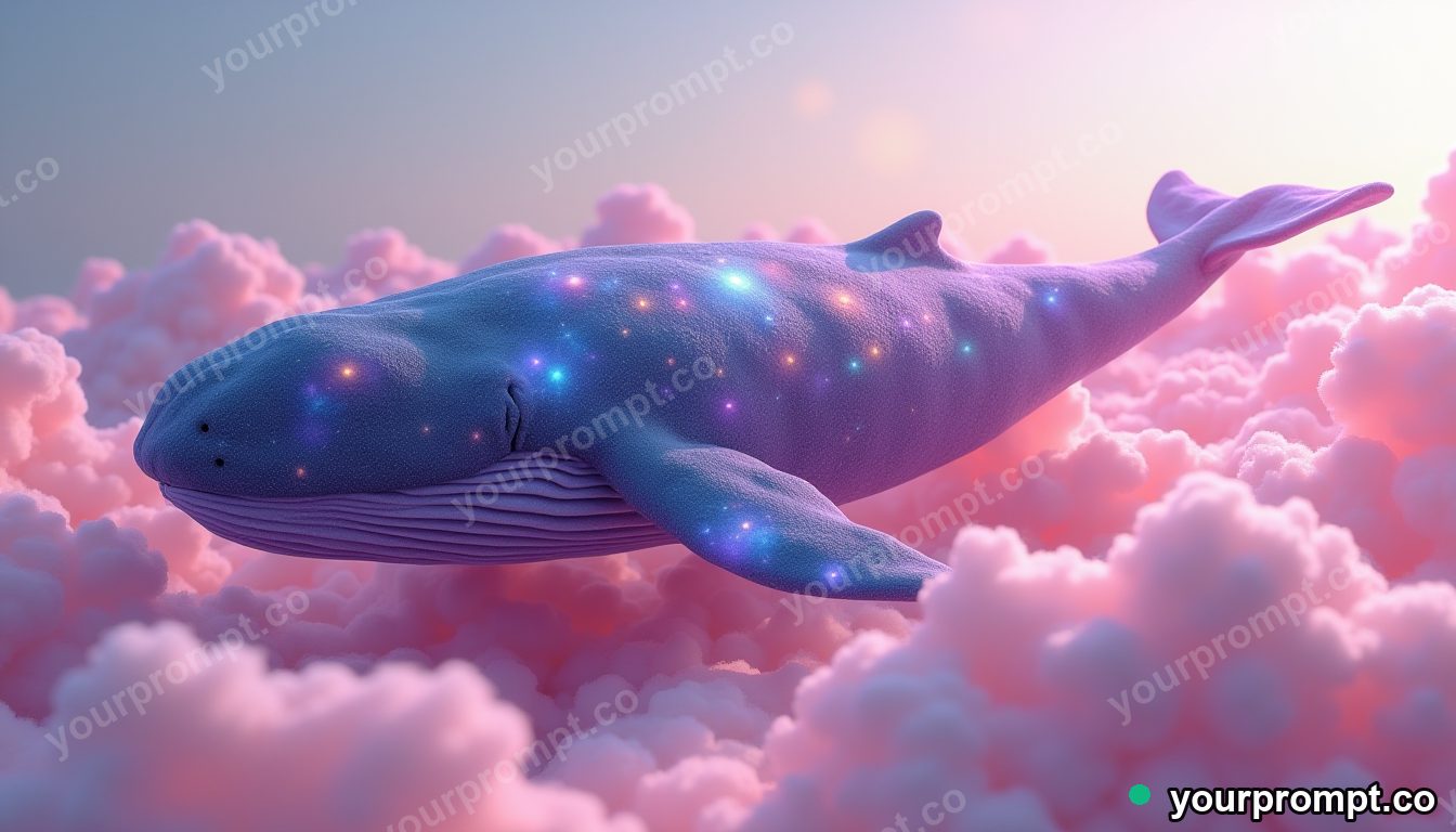 A whale made of swirling galaxies drifting through pink clouds in low-poly 3D style — AI-generated image from a text prompt