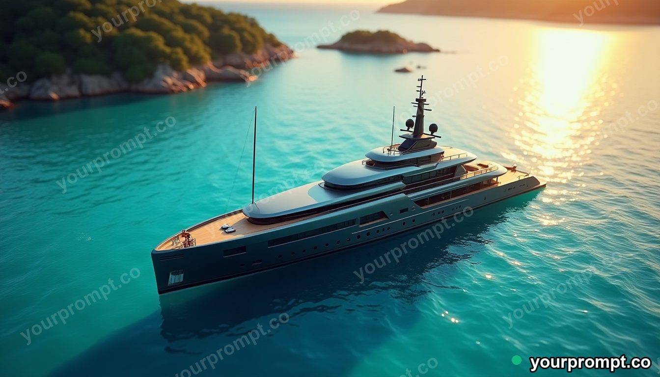 A sleek superyacht anchored in a turquoise bay in isometric miniature style — AI-generated image from a text prompt
