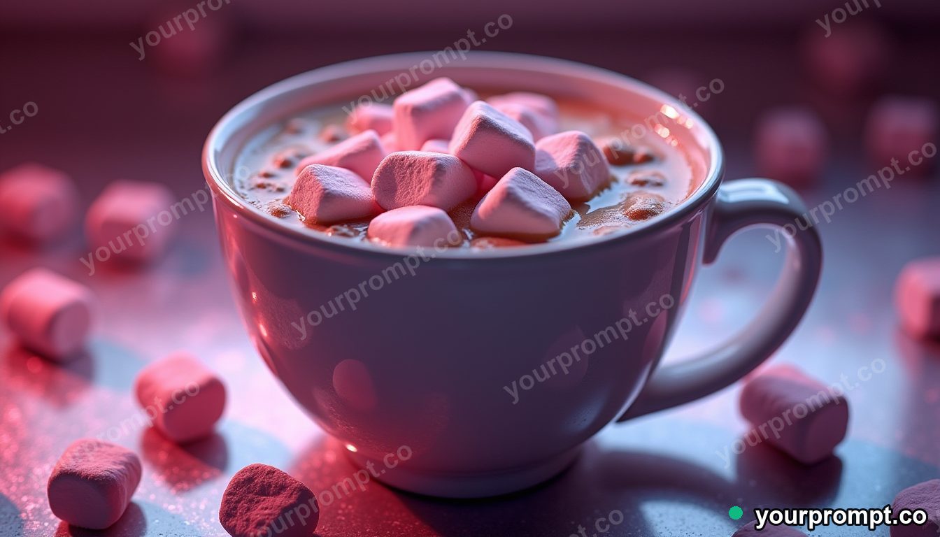 A mug of hot chocolate with melting marshmallows in vaporwave synthwave style — AI-generated image from a text prompt