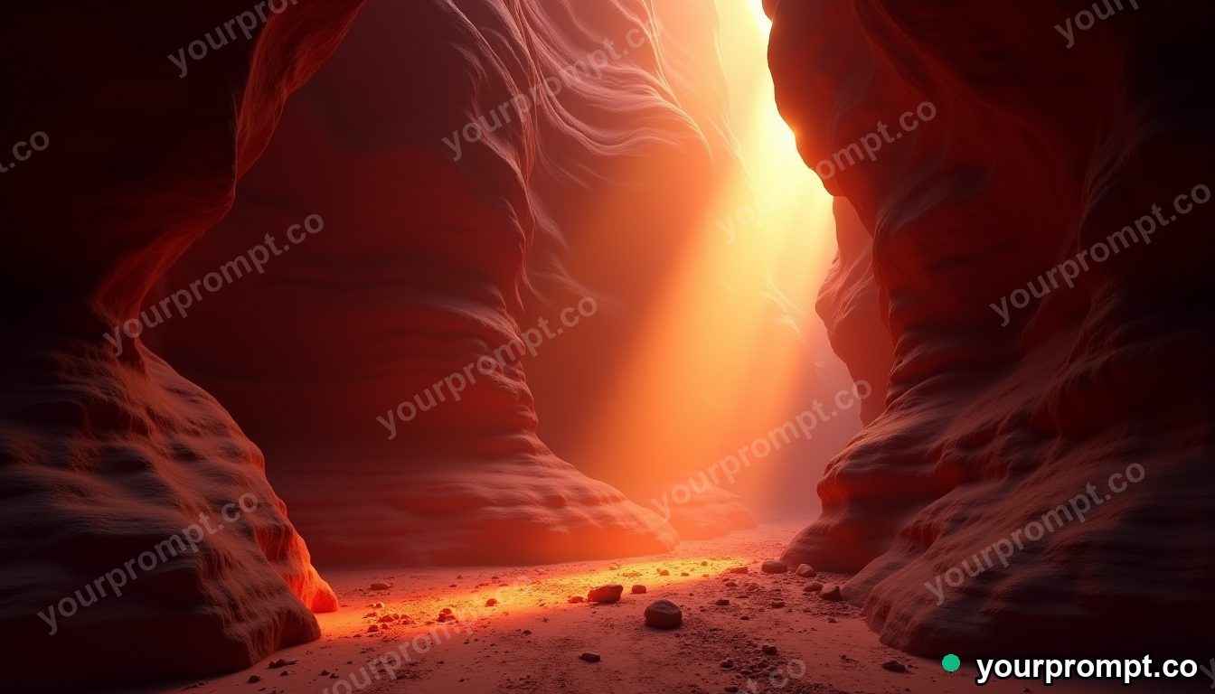 A slot canyon with beams of light on red rock in epic fantasy concept art style — AI-generated image from a text prompt