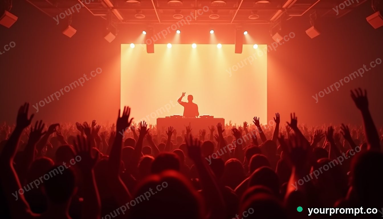 A DJ booth glowing in a crowd of raised hands in golden-hour photography style — AI-generated image from a text prompt
