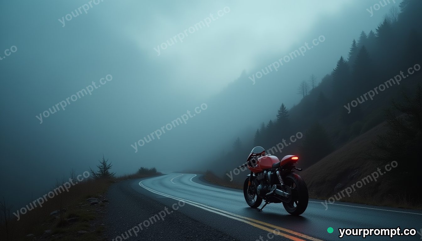 A cafe-racer motorcycle on a foggy mountain road in dramatic chiaroscuro style — AI-generated image from a text prompt