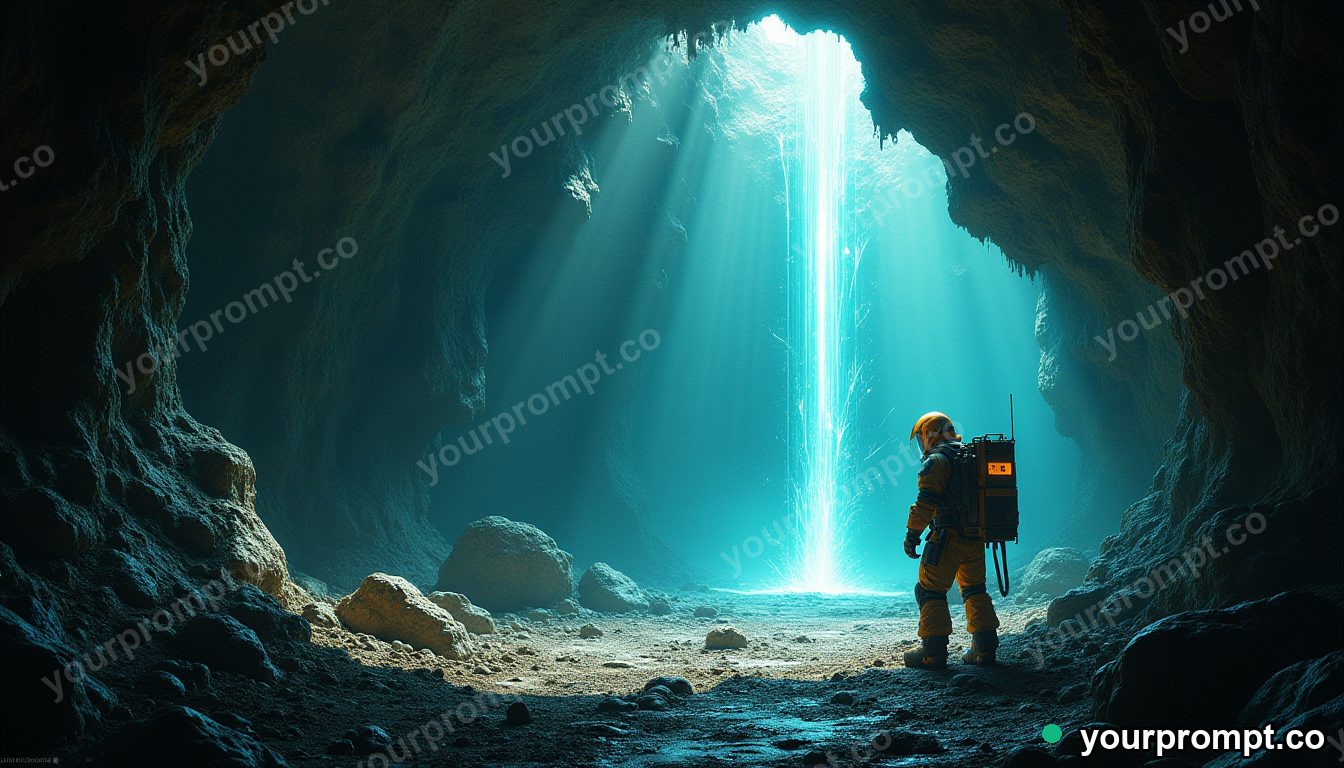 An exosuit miner drilling a glowing crystal cave in hyperrealistic style — AI-generated image from a text prompt
