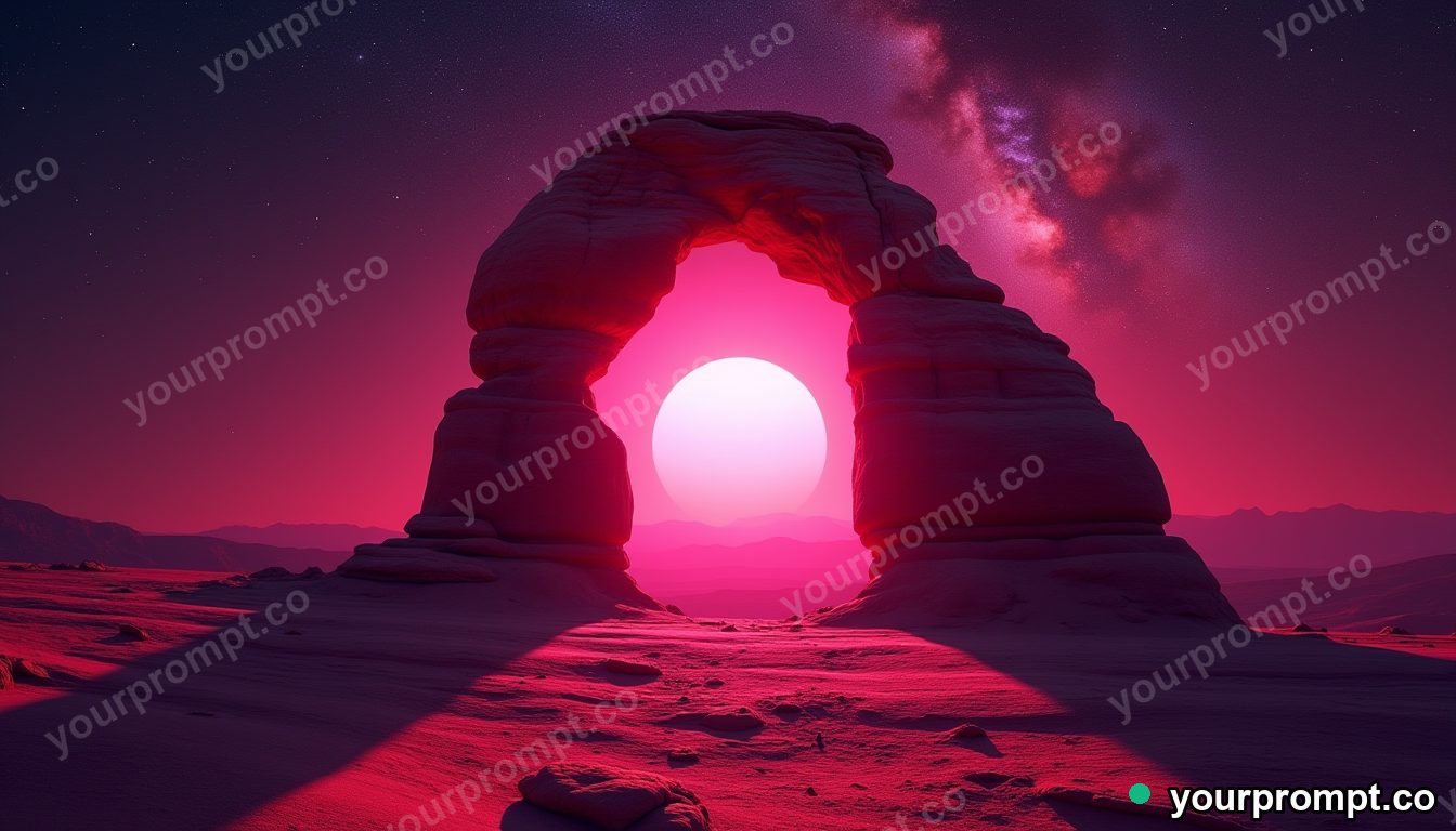 A red-rock desert arch under a starry sky in neon cyberpunk style — AI-generated image from a text prompt
