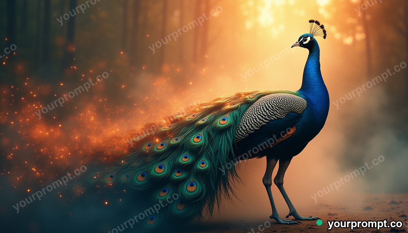 A peacock fanning iridescent tail feathers in warm storybook illustration style — AI-generated image from a text prompt