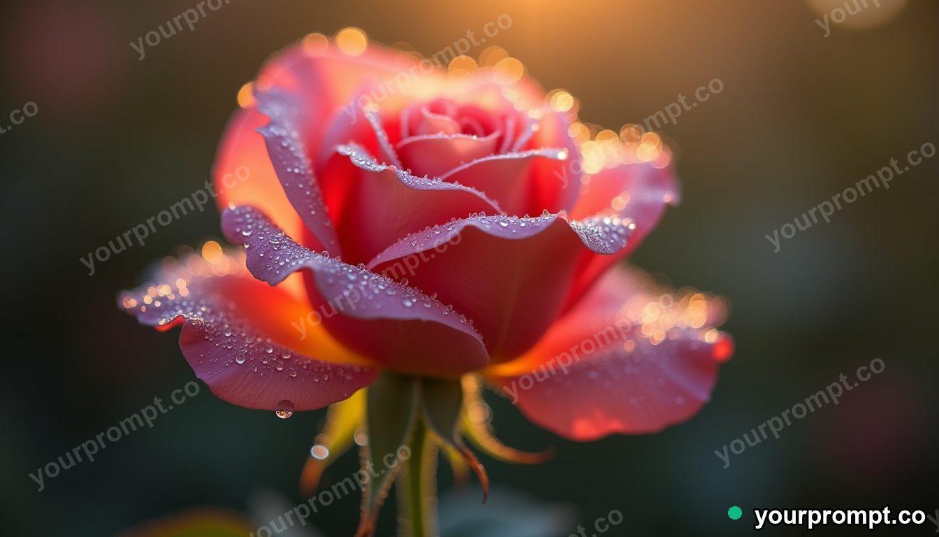A single dew-covered rose in soft morning light, macro in double-exposure style — AI-generated image from a text prompt
