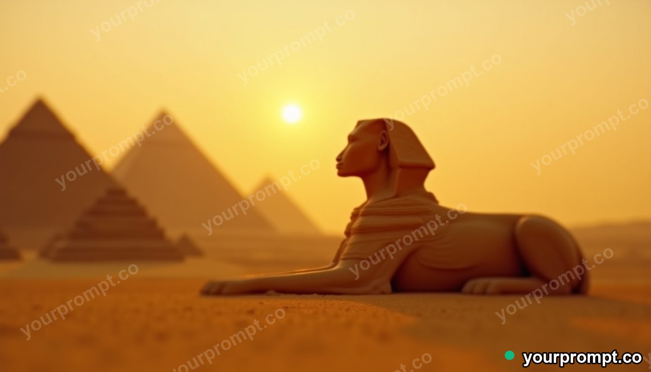 A sphinx beside pyramids at golden dusk in tilt-shift miniature style — AI-generated image from a text prompt