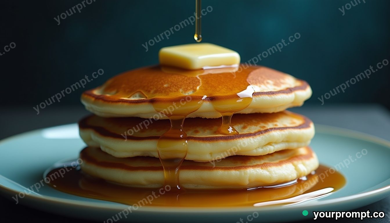 A stack of fluffy pancakes with melting butter and syrup in vintage film photograph style — AI-generated image from a text prompt