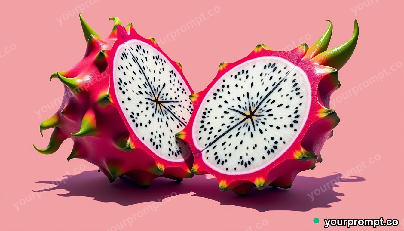 A halved dragon fruit showing speckled flesh in bold pop-art style — AI-generated image from a text prompt