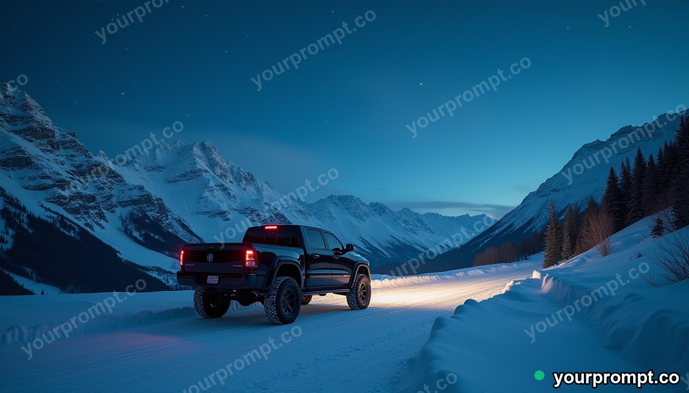 A rugged lifted pickup on a snowy mountain pass in ethereal long-exposure style — AI-generated image from a text prompt
