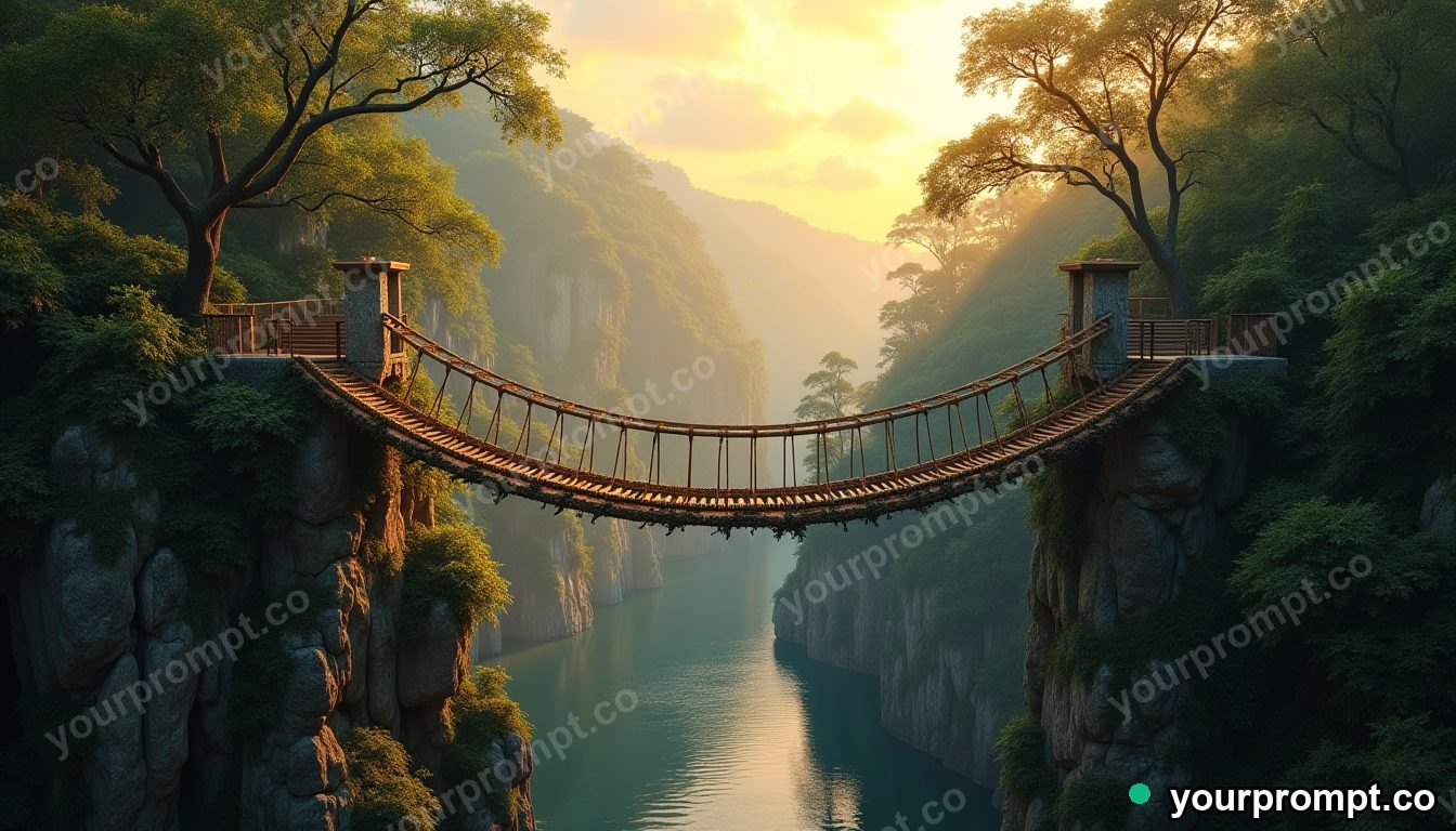 An old rope bridge over a jungle gorge in matte concept painting style — AI-generated image from a text prompt