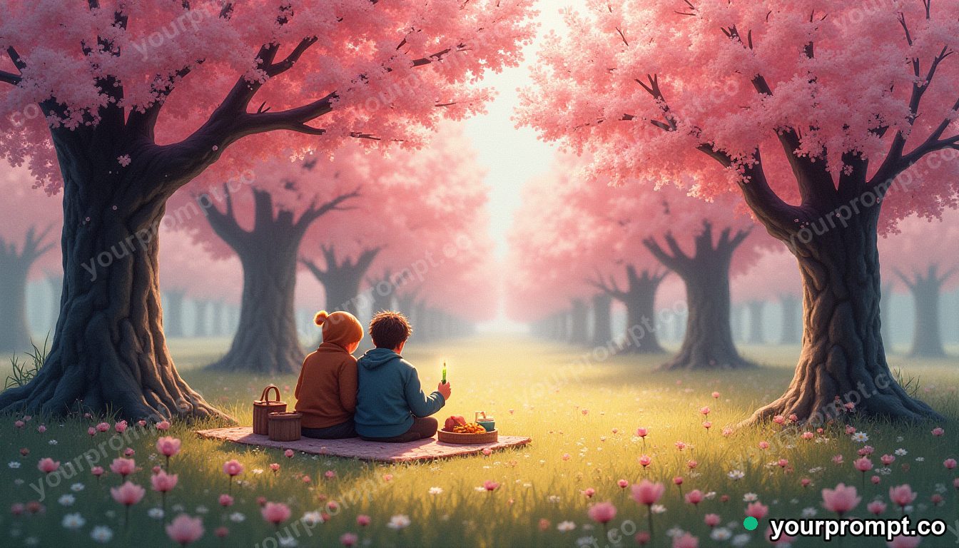 A spring picnic among blooming cherry trees in charcoal sketch style — AI-generated image from a text prompt