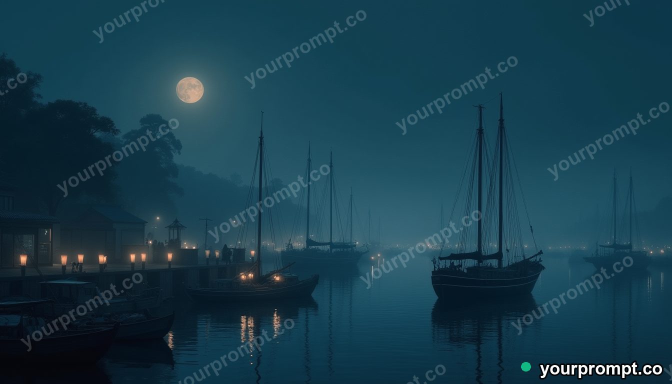 A harbor of boats lit by lanterns at midnight in ukiyo-e woodblock style — AI-generated image from a text prompt