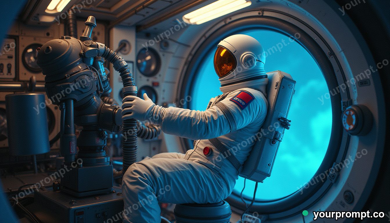 An astronaut adjusting equipment inside a space capsule in airbrushed retro sci-fi style — AI-generated image from a text prompt