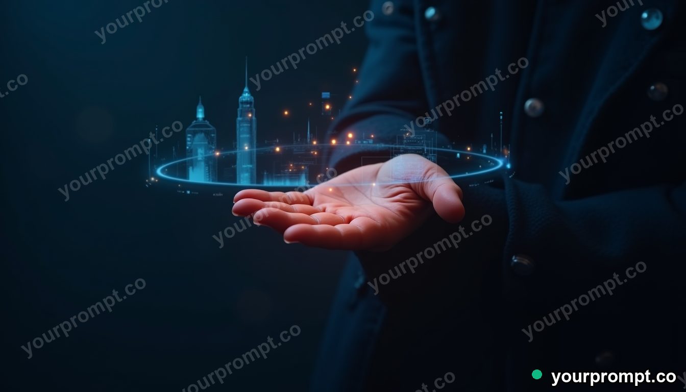 A wearable AR interface glowing over a person's hand in photorealistic style — AI-generated image from a text prompt