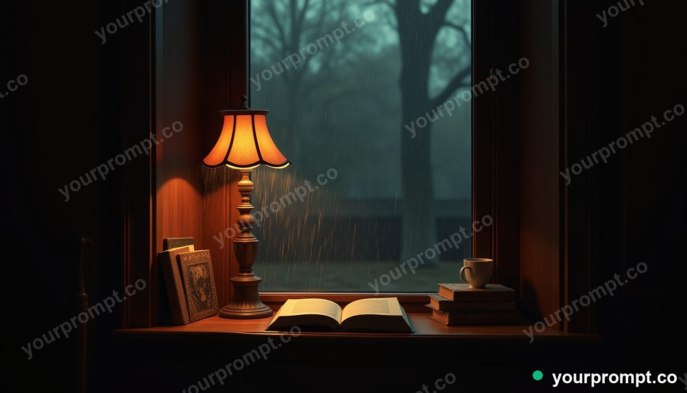 A cozy rainy-day reading nook with warm lamplight in cinematic film still style — AI-generated image from a text prompt