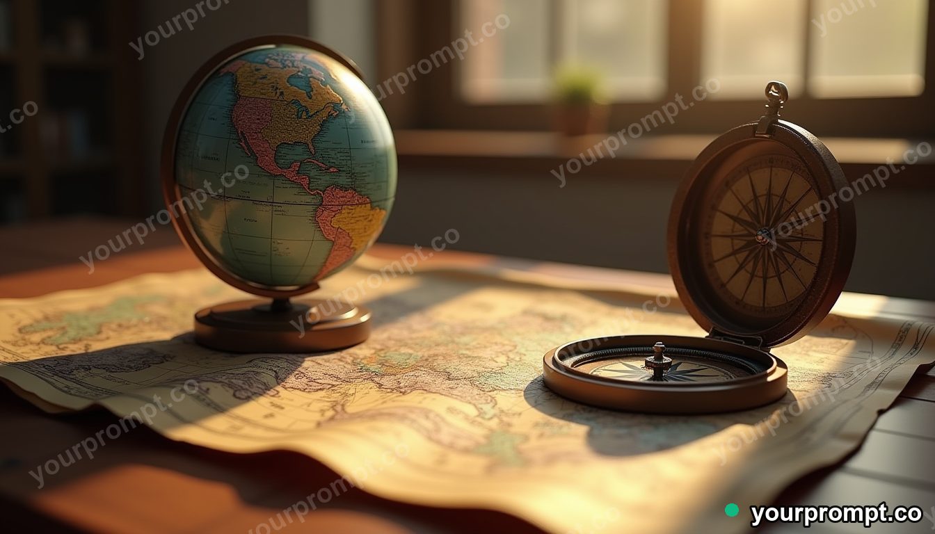 A globe, compass, and old map on a desk in 3D octane render style — AI-generated image from a text prompt