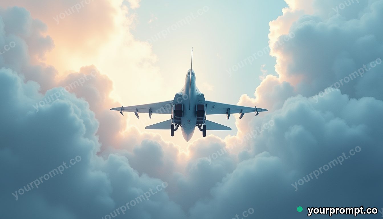 A fighter jet bursting through a wall of clouds in soft watercolor painting style — AI-generated image from a text prompt
