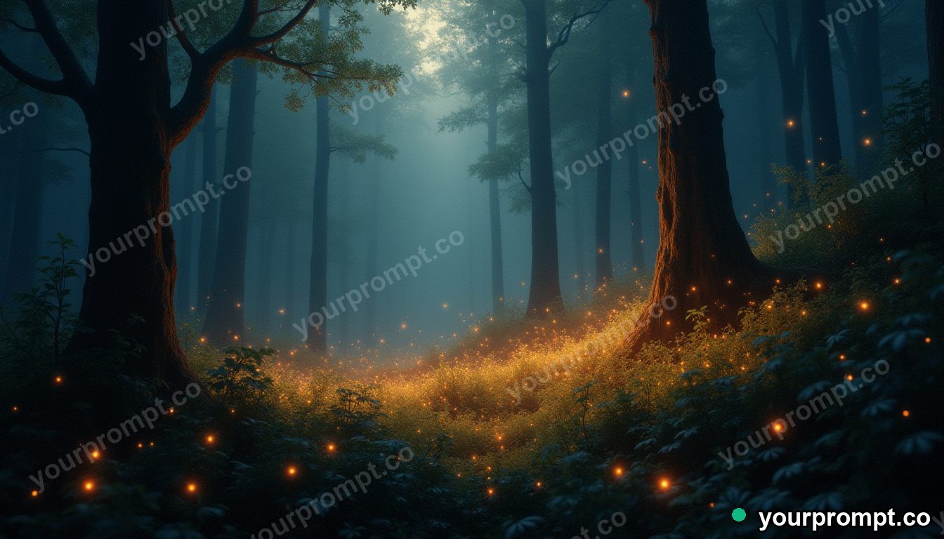 A swarm of fireflies glowing in a dark forest in rich oil painting style — AI-generated image from a text prompt
