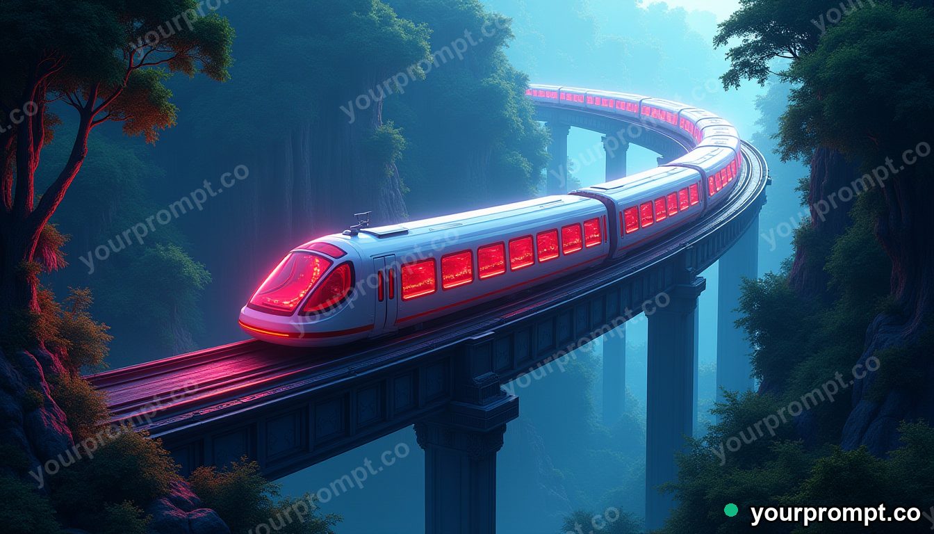 A futuristic pod monorail curving through jungle in anime illustration style — AI-generated image from a text prompt