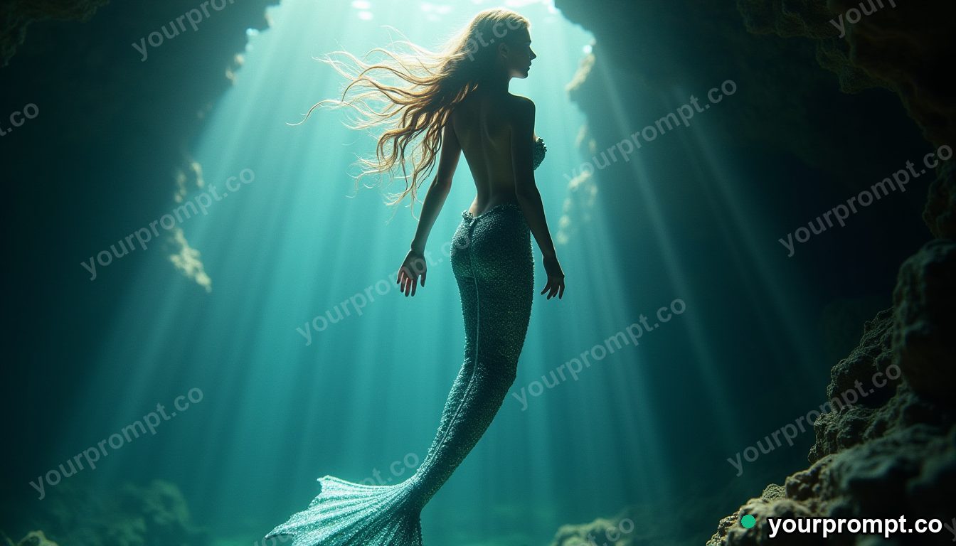 A shimmering mermaid in a glowing underwater grotto in extreme macro photography style — AI-generated image from a text prompt
