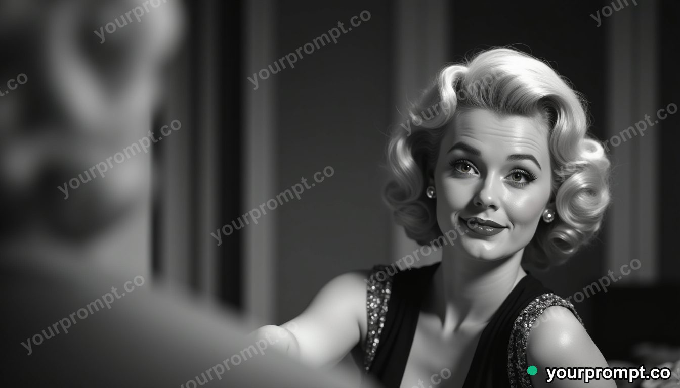 A glamorous 1950s film star in black-and-white, fictional in surreal digital art style — AI-generated image from a text prompt