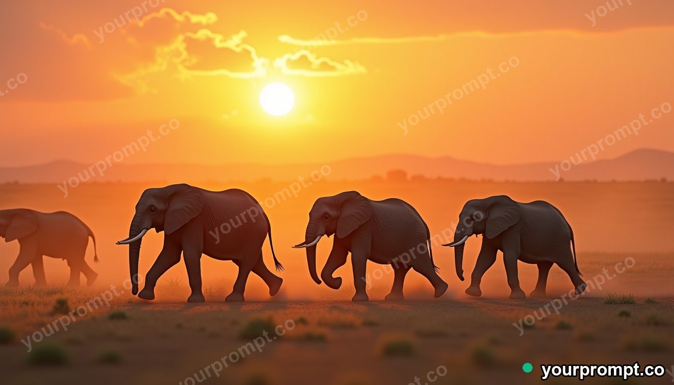 An elephant herd crossing a dusty plain at sunset in isometric miniature style — AI-generated image from a text prompt