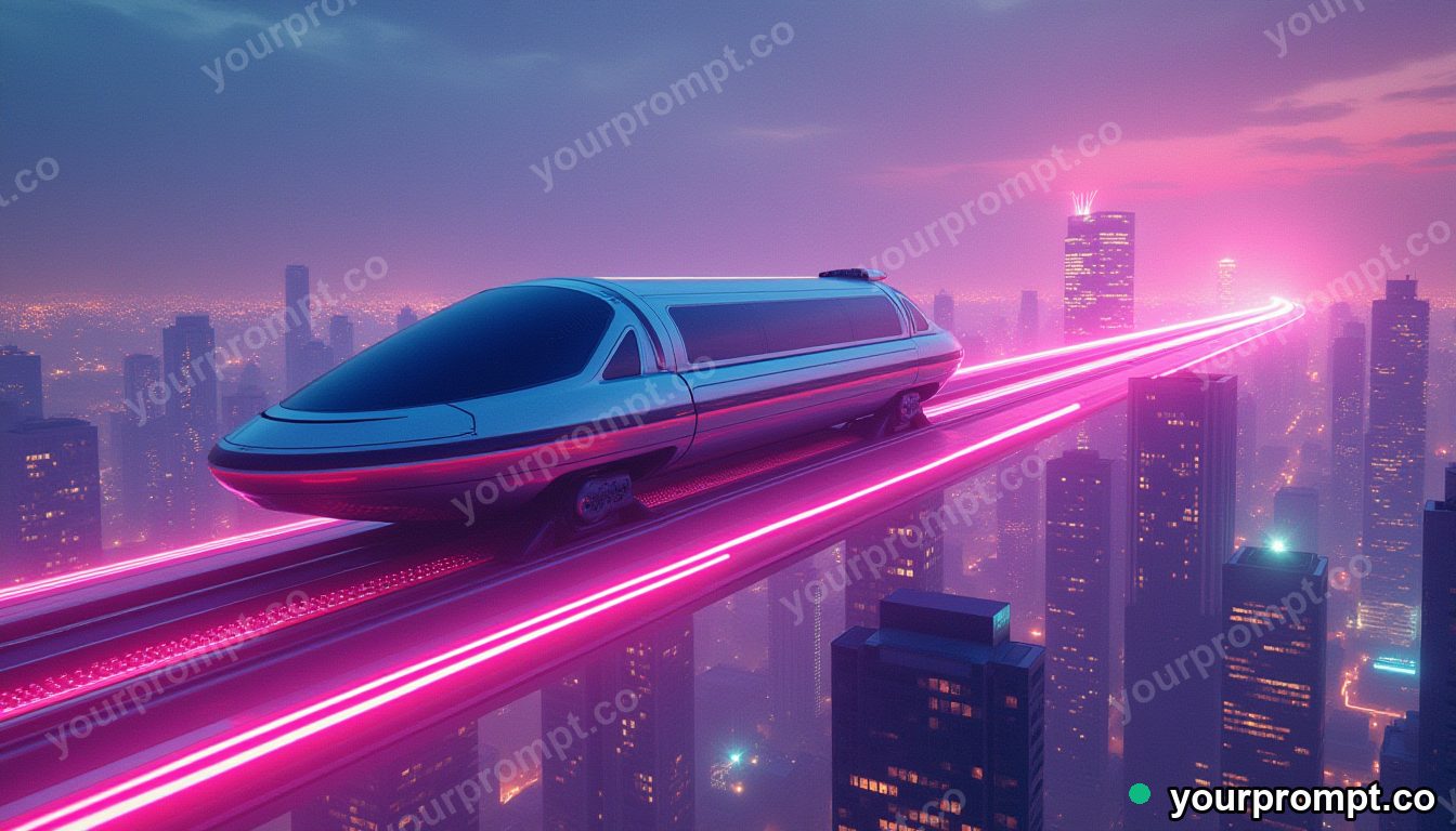 A futuristic maglev gliding over a neon city in vaporwave synthwave style — AI-generated image from a text prompt