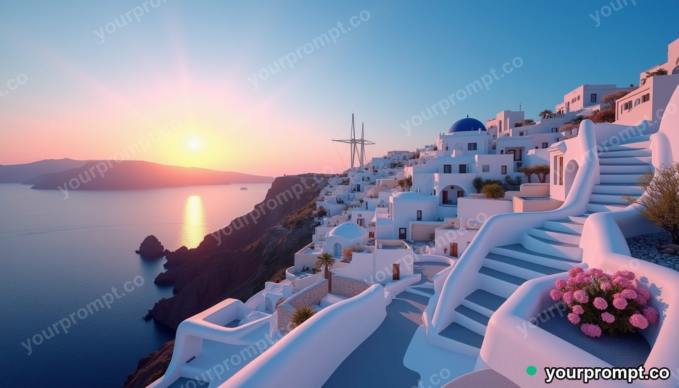 A white-and-blue Santorini cliffside at sunset in golden-hour photography style — AI-generated image from a text prompt