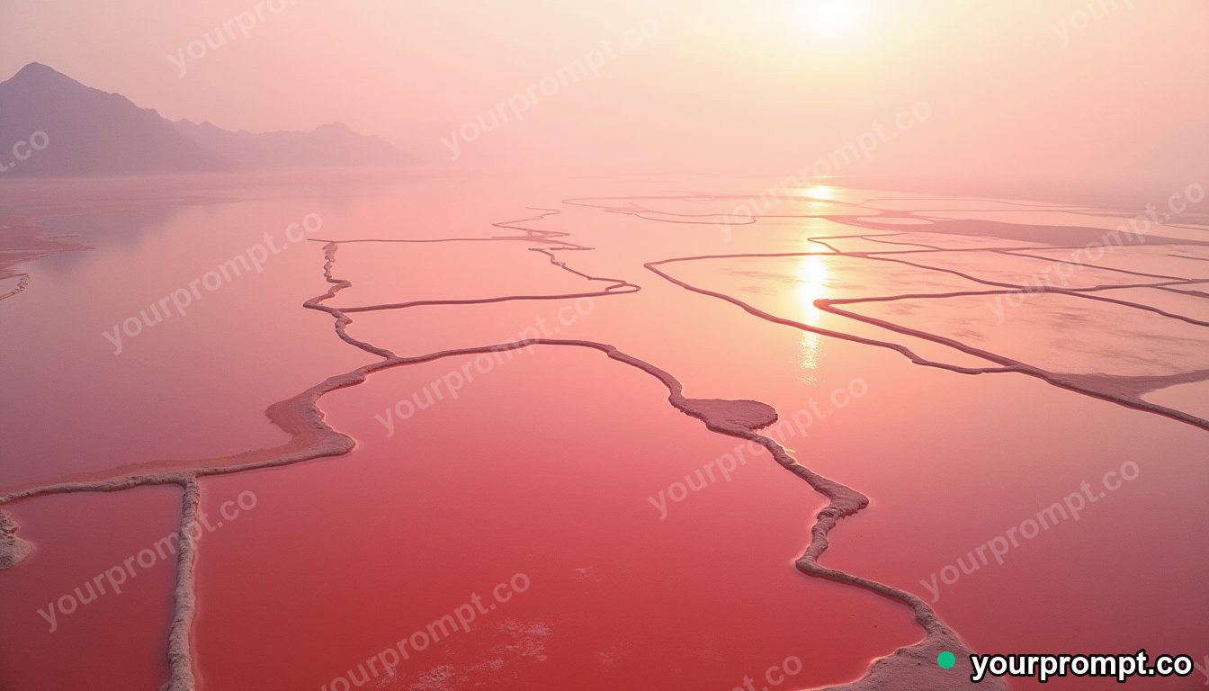 A bird's-eye view of salt evaporation ponds in pink and orange in dramatic chiaroscuro style — AI-generated image from a text prompt