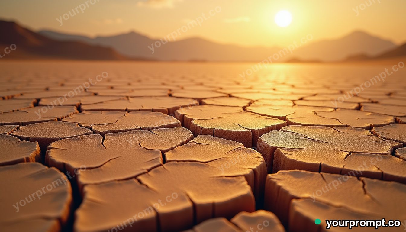Cracked dry earth in a sunbaked desert, macro in hyperrealistic style — AI-generated image from a text prompt