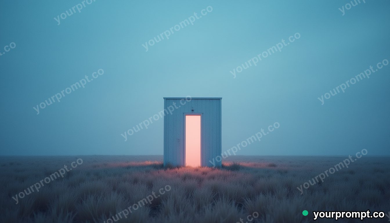 A lone door in an empty field opening onto deep space in dreamy pastel style — AI-generated image from a text prompt