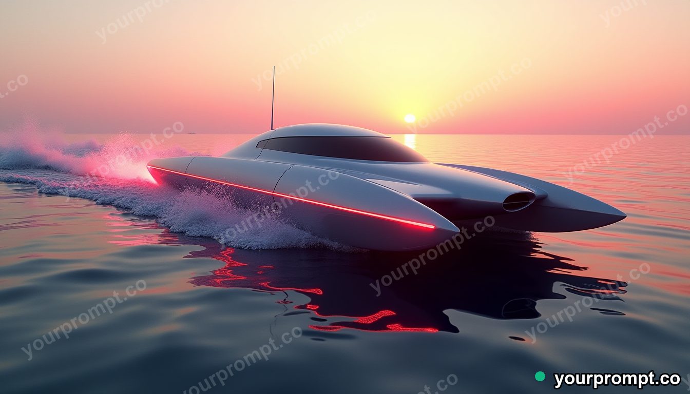 A futuristic hydrofoil racing across the ocean in neon cyberpunk style — AI-generated image from a text prompt