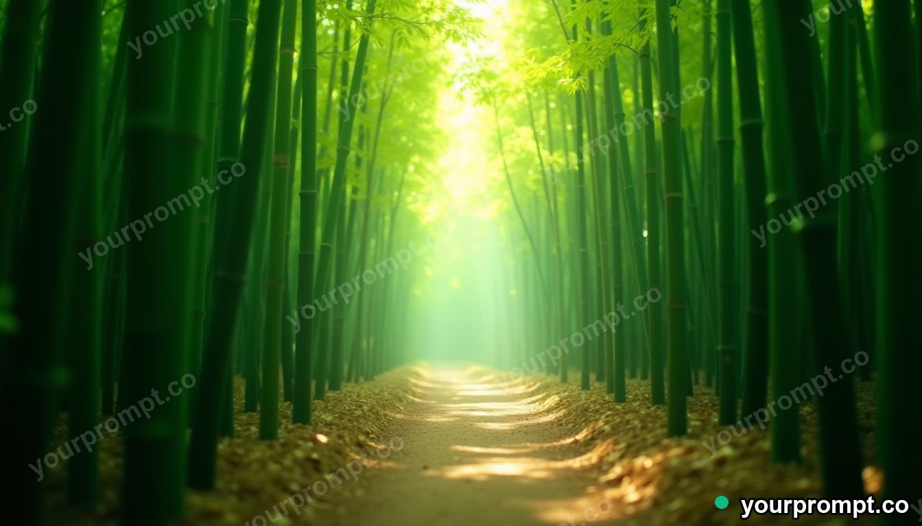 A bamboo forest path in soft green light in double-exposure style — AI-generated image from a text prompt