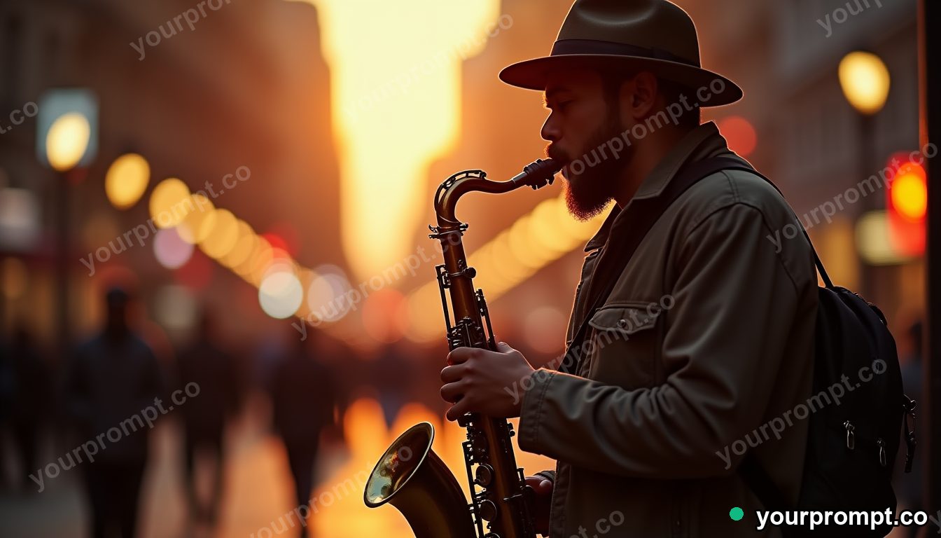 A street saxophonist under warm bokeh city lights in tilt-shift miniature style — AI-generated image from a text prompt