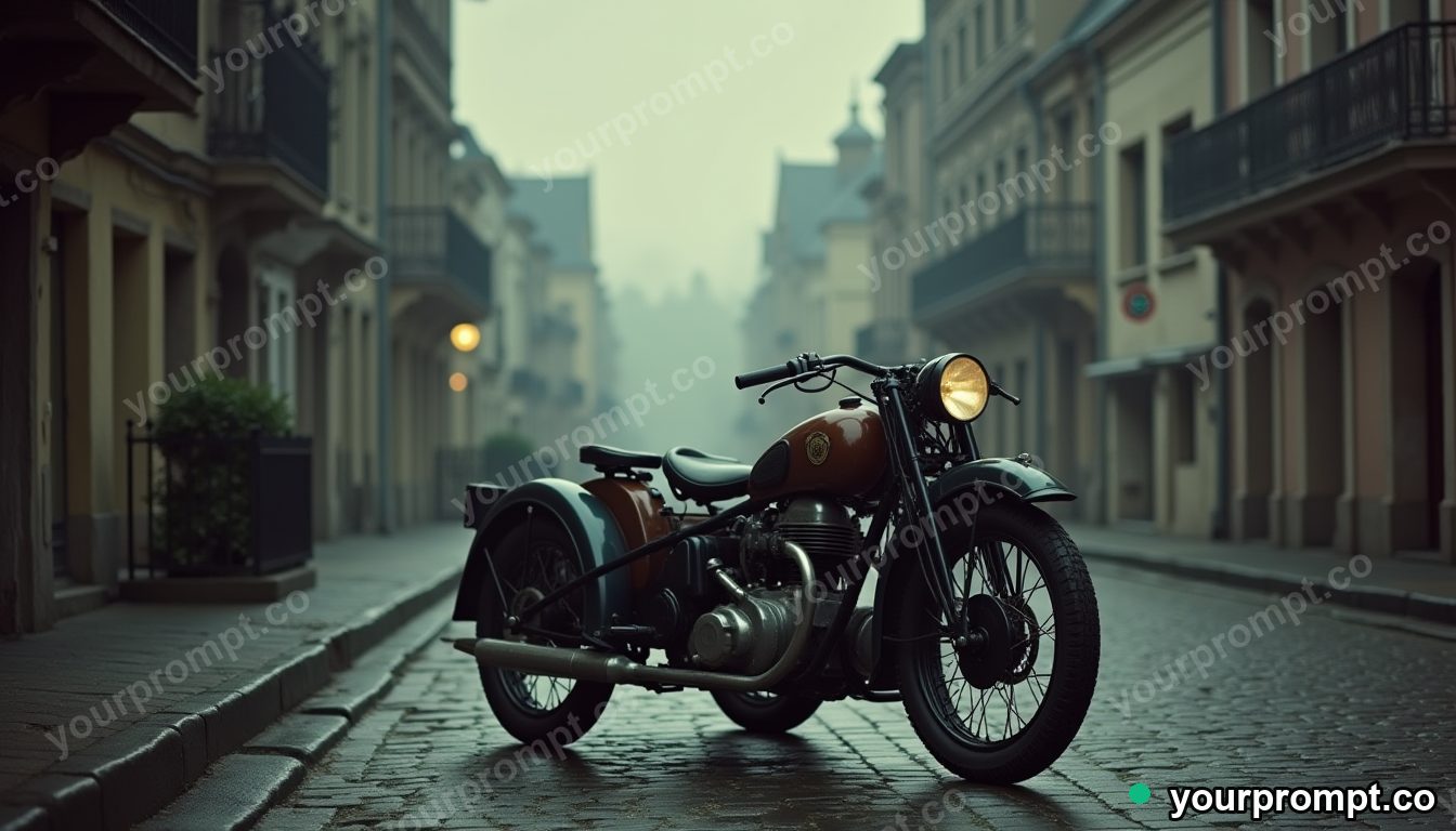 A vintage sidecar motorcycle on a cobbled street in vintage film photograph style — AI-generated image from a text prompt