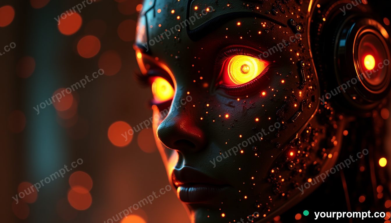 A sleek android face half-revealing circuitry in bold pop-art style — AI-generated image from a text prompt