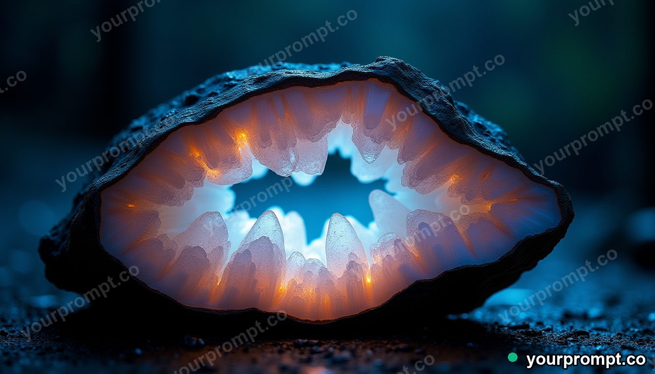 A cracked geode revealing crystal interior in ethereal long-exposure style — AI-generated image from a text prompt