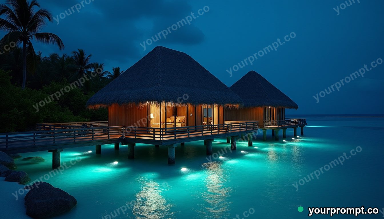 A tropical overwater bungalow in the Maldives in charcoal sketch style — AI-generated image from a text prompt