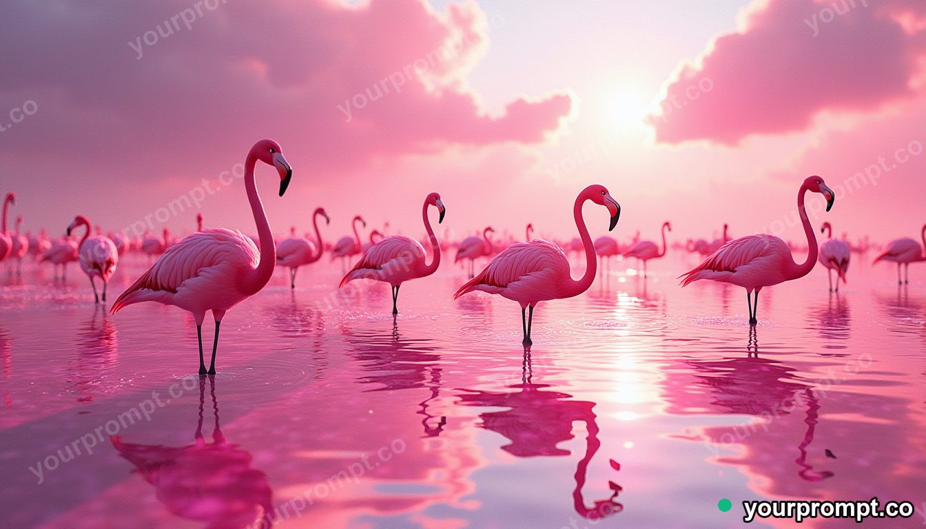 A flock of flamingos wading in a pink lagoon in stained-glass mosaic style — AI-generated image from a text prompt