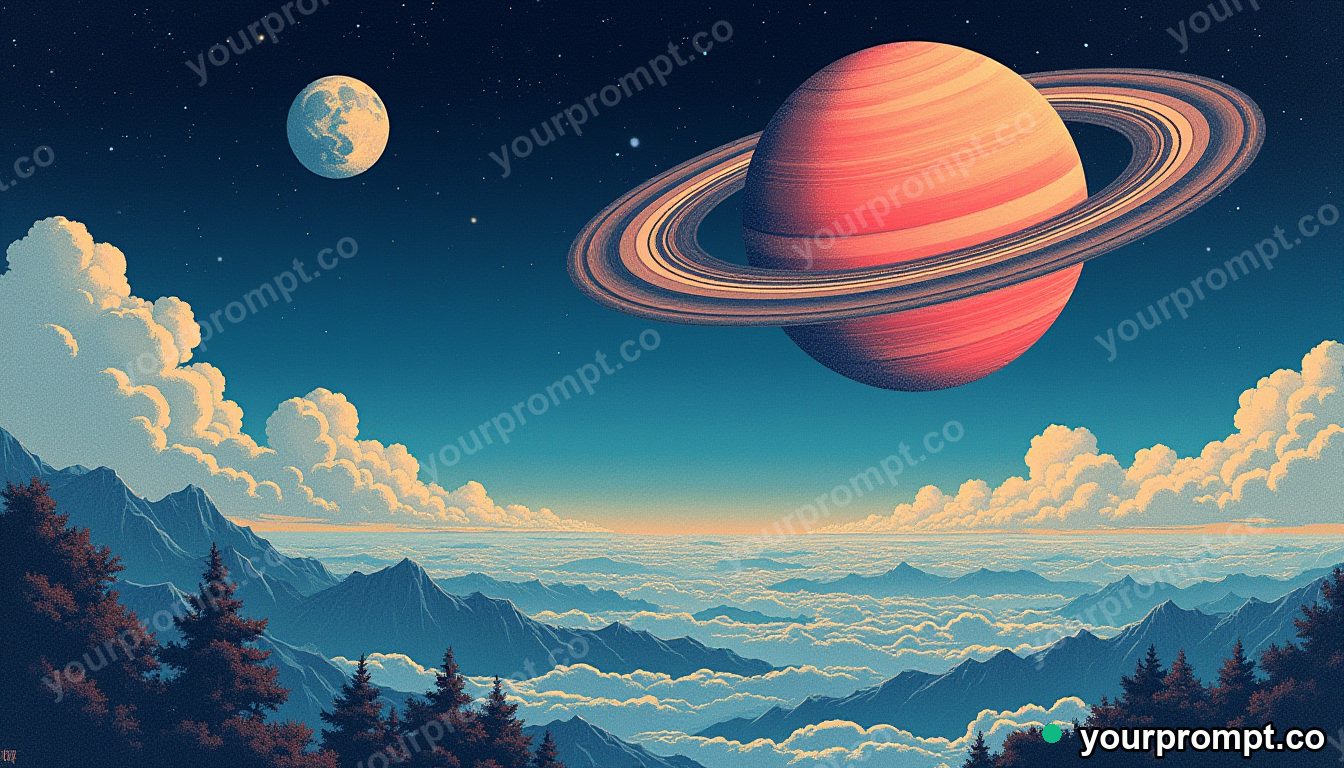 A ringed gas giant rising over an alien moon in ukiyo-e woodblock style — AI-generated image from a text prompt
