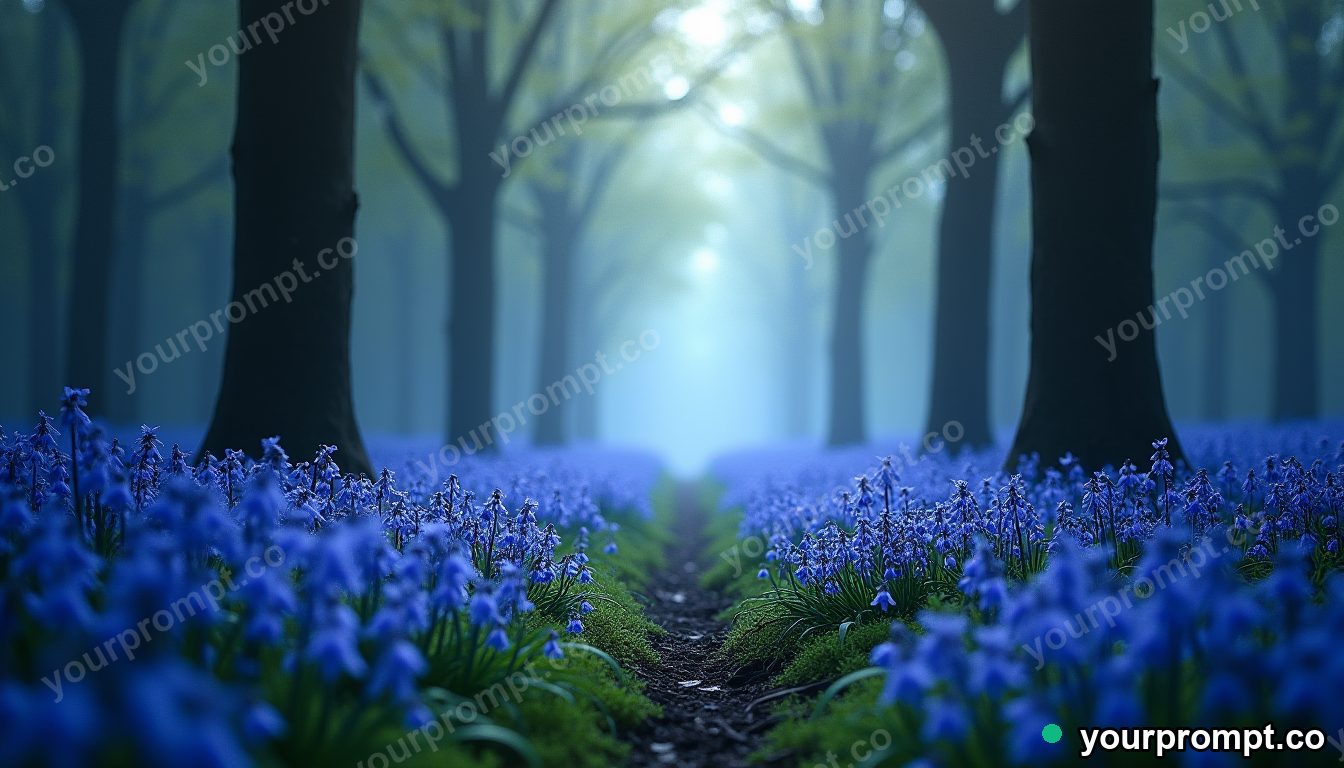 A glowing carpet of bluebells in a spring forest in airbrushed retro sci-fi style — AI-generated image from a text prompt